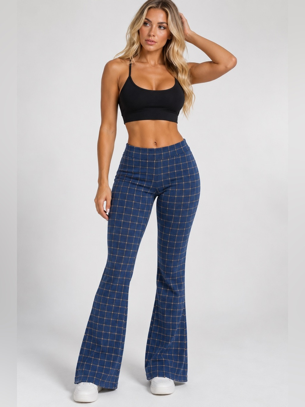 crosby. Navy Plaid Bootcut Flare Pants